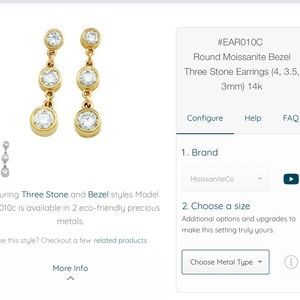 Moissanite three stone bezel earring 14k NWOT